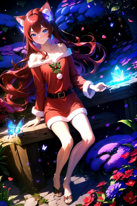 (masterpiece, best quality, highres), 1girl, solo, abstract, pov, full body,
BREAK
dark background, depth of field, rim lighting, flowers, petals,
crystals, cave, butterfly, vegetation, aura, magic, christmas,
BREAK
raifu, dark red hair, blue eyes, straight hair, cat ears, blush,
(medium breasts:0.8), mature female, santa costume,