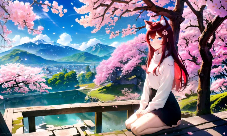 (masterpiece, best quality, highres), 1girl, raifu, solo, abstract, pov, seiza,
scenery, flowers, petals, vegetation, cherry blossoms, shrine, mountainous horizon,
BREAK
dark red hair, (long hair:0.8), blue eyes, straight hair, cat ears, blush,
(medium breasts:0.8), mature female, white sweater,