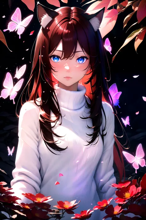 (masterpiece, best quality, highres), 1girl, raifu, solo, abstract, pov, extreme close-up,
BREAK
dark background, depth of field, rim lighting, flowers,
petals, cave, butterfly, vegetation, aura, magic,
BREAK
dark red hair, blue eyes, straight hair, cat ears, blush,
(medium breasts:0.8), mature female, white sweater, upper body,