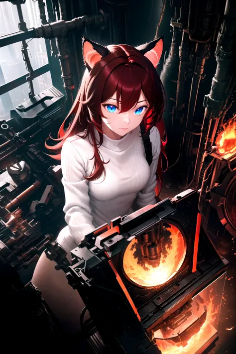 Huge , red cat like eyes, light red hair in a ponytail, unbuttoned shirt, blue skirt, whice socks , pink lips, fair skin tone