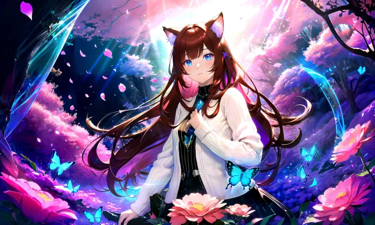 (masterpiece, best quality, highres), 1girl, solo, abstract, pov,
BREAK
(fractals:1.28), (lineart background:1.1), colorful background, flowers, petals,
rim lighting, crystals, cave, butterfly, vegetation, aura, magic, water,
lens flare, light scatter, depth of field, lens refraction,
BREAK
raifu, dark red hair, (long hair:0.8), blue eyes, straight hair, cat ears, blush,
(medium breasts:0.8), mature female, (white sweater:1.1), <lora:SoteHires-step00001600:0.75>