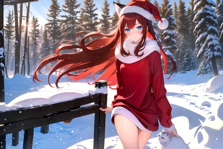 hand, outdoors, sunlight, 1girl, (red hair), fox ears, whisker markings, happy, blush, fangs, aran sweater, lying, on back, snow, realistic, masterpiece, best quality, highres