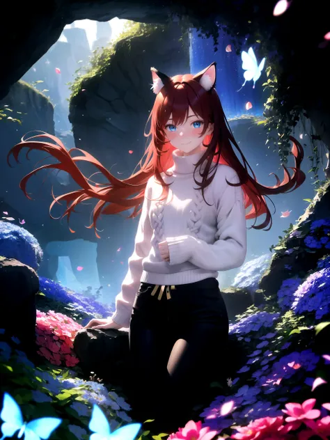 masterpiece, best quality, highres booru, 1girl, solo,
depth of field, rim lighting, flowers, petals, abstract,
crystals, cave, butterfly, vegetation, aura, magic,
raifu, dark red hair, straight hair, long hair, blue eyes, cat ears, blush,
(medium breasts:0.8), mature female, white sweater, slight smile,