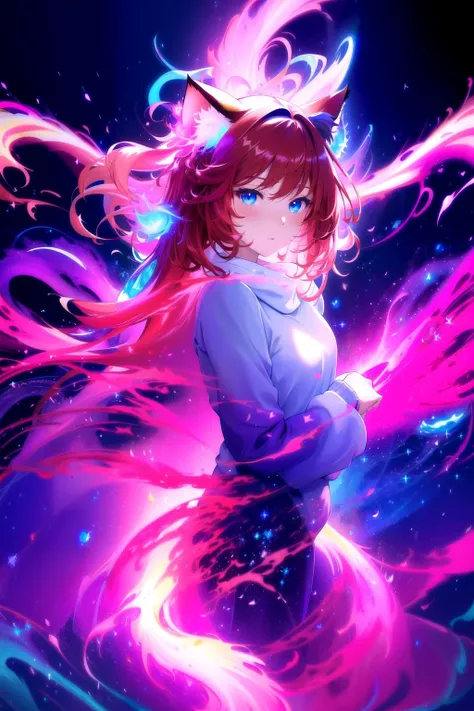 (masterpiece, best quality, highres), anime art style, pixiv, 1girl, solo,
supernova, abstract, abstract background, (bloom, swirling lights, light particles),
fire, galaxy, floating, romanticized, blush, looking at viewer,
dark red hair, blue eyes, straight hair, cat ears,
medium breasts, mature female, white sweater,