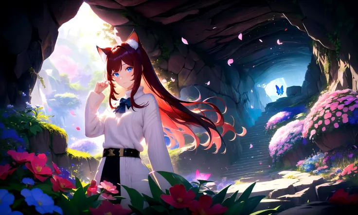 masterpiece, best quality, highres booru, 1girl, solo, abstract,
BREAK
scenery, depth of field, rim lighting, flowers, petals,
cave, butterfly, vegetation, aura, magic,
BREAK
raifu, dark red hair, straight hair, blue eyes, cat ears,
(medium breasts:0.8), mature female, white sweater, blush, slight smile,