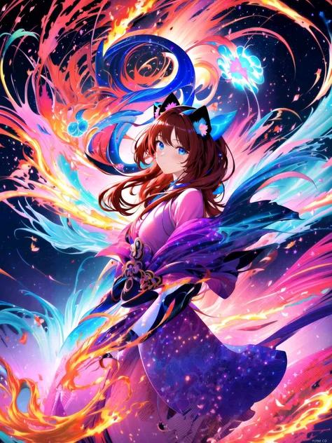 (masterpiece, best quality, highres), anime art style, pixiv, 1girl, solo,
supernova, abstract, abstract background, (bloom, swirling lights, light particles),
fire, galaxy, floating, romanticized, blush, looking at viewer, close-up,
dark red hair, blue eyes, straight hair, cat ears,
medium breasts, mature female, japanese dress,