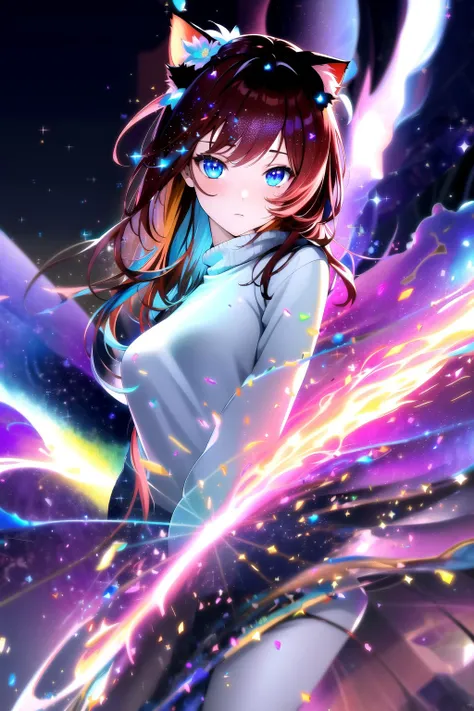 (masterpiece, best quality, highres), anime art style, pixiv, 1girl, solo,
supernova, abstract, abstract background, (bloom, swirling lights, light particles),
fire, galaxy, floating, romanticized, blush, looking at viewer, close-up,
dark red hair, blue eyes, straight hair, cat ears,
medium breasts, mature female, white sweater,
