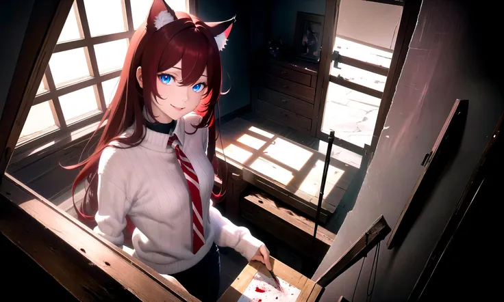 (masterpiece, best quality, highres), 1girl, raifu, solo, close-up, no humans, from above,
backrooms, horror \(theme\), indoors, dark, rim lighting, blood,
BREAK
dark red hair, blue eyes, straight hair, cat ears, crazy smile,,
(medium breasts:0.8), mature female, white sweater,