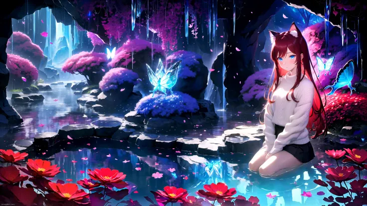 (masterpiece, best quality, highres), 1girl, raifu, solo, abstract, pov, seiza,
BREAK
dark background, depth of field, rim lighting, flowers, petals,
crystals, cave, butterfly, vegetation, aura, magic, water,
BREAK
dark red hair, blue eyes, straight hair, cat ears, blush,
(medium breasts:0.8), mature female, white sweater,