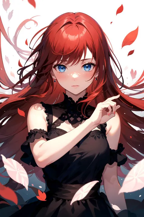 (masterpiece, best quality, highres), (1girl, mature female, red hair, long hair, blue eyes, black dress, medium breasts), (looking at viewer, blush, floating, upper body), (light particles, petals, floating object, abstract, abstract background),