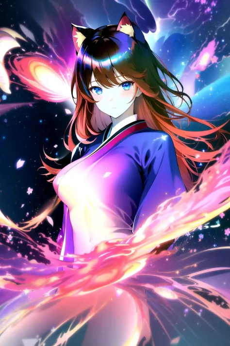 (masterpiece, best quality, highres), anime art style, pixiv, 1girl, solo,
supernova, abstract, abstract background, (bloom, swirling lights, light particles),
fire, galaxy, floating, romanticized, blush, looking at viewer,
dark red hair, blue eyes, straight hair, cat ears,
medium breasts, mature female, white japanese dress,