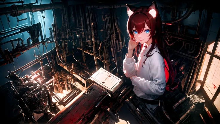 (masterpiece, best quality, highres), 1girl, raifu, solo, mad scientist, close-up, from above,
BREAK
backrooms, horror \(theme\), indoors, dark, rim lighting, blood,
science fiction, machinery, gears, electricity, industrial,
BREAK
dark red hair, blue eyes, straight hair, cat ears, crazy smile,
(medium breasts:0.8), mature female, white sweater,