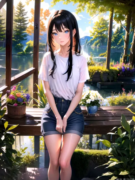 (child),highest quality,Beautiful face in every detail,cute,Dark brown eyes,(背の低いcute女の子,Small young student,Young delicate girl),(masterpiece,Top quality),Black Hair,Sleepy expression,Sleeveless,(White shorts),Crouching