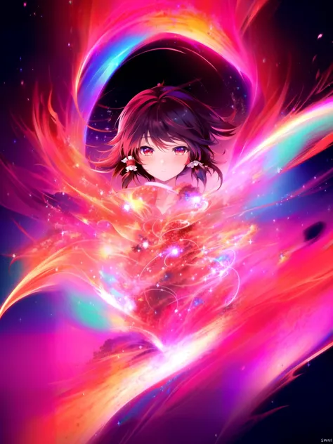 (masterpiece, best quality, highres), anime art style, pixiv, 1girl, solo,
supernova, abstract, abstract background, (bloom, swirling lights, light particles),
fire, galaxy, floating, romanticized, blush, looking at viewer,
hakurei reimu, medium breasts, mature female,