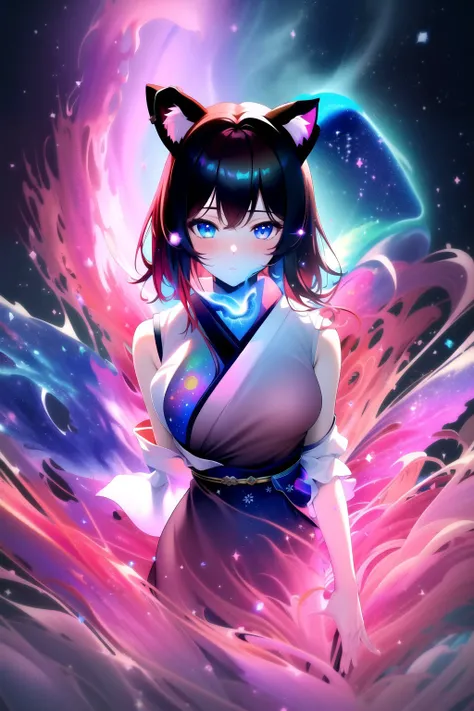 (masterpiece, best quality, highres), anime art style, pixiv, 1girl, solo,
supernova, abstract, abstract background, (bloom, swirling lights, light particles),
fire, galaxy, floating, romanticized, blush, looking at viewer,
dark red hair, blue eyes, straight hair, cat ears,
medium breasts, mature female, white japanese dress,