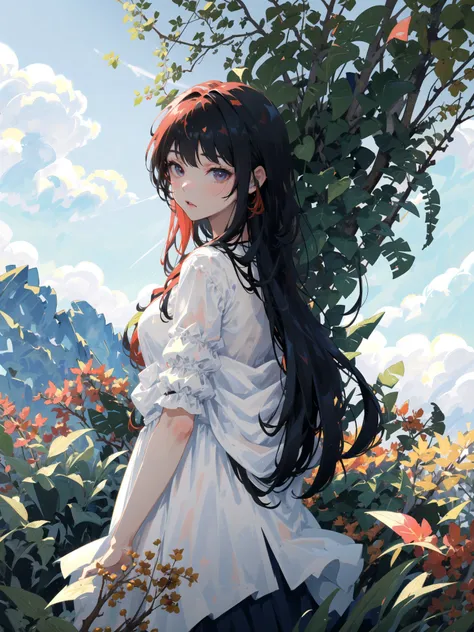 (masterpiece, best quality, highres), ((1girl, (mature female) long hair)), (upper body, foliage background, simple detail, arms behind back), <lora:pastelMixStylizedAnime_pastelMixLoraVersion:1>