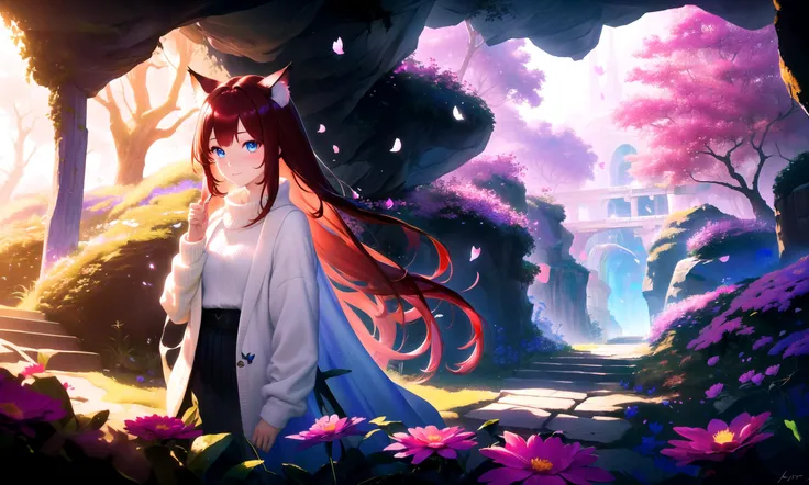 masterpiece, best quality, highres booru, 1girl, solo, abstract,
BREAK
scenery, depth of field, rim lighting, flowers, petals,
cave, butterfly, vegetation, aura, magic,
BREAK
raifu, dark red hair, straight hair, blue eyes, cat ears,
(medium breasts:0.8), mature female, white sweater, blush, slight smile,