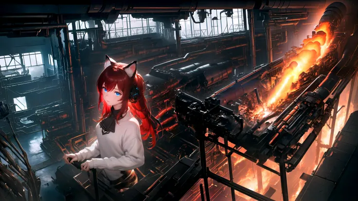 (masterpiece, best quality, highres), 1girl, raifu, solo, close-up, from above, fire,
indoors, dark, rim lighting, science fiction, machinery, gears, electricity, industrial,
BREAK
dark red hair, blue eyes, straight hair, cat ears, emotional,
(medium breasts:0.8), mature female, white sweater,