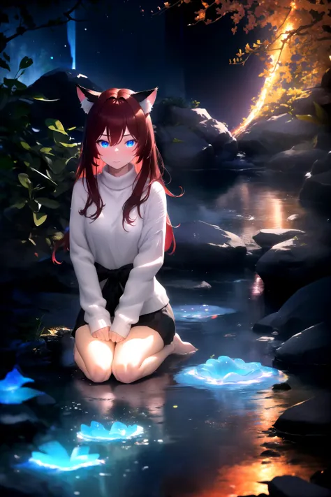 masterpiece, best quality, highres, 1girl, solo, seiza,
bioluminescence, depth of field, rim lighting, scenery,
fire, magma, elemental, swirling soul lights, magic,
raifu, dark red hair, blue eyes, straight hair, cat ears, blush,
(medium breasts:0.8), mature female, white sweater, (barefoot:0.8),