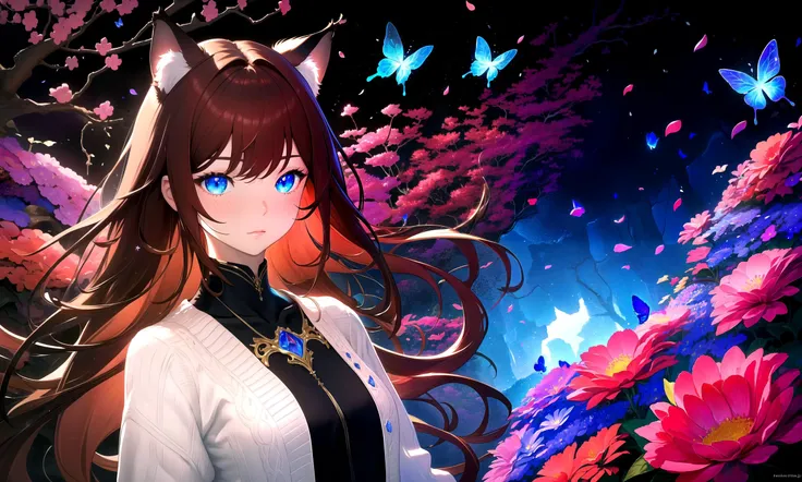 (masterpiece, best quality, highres), 1girl, raifu, solo, abstract,
BREAK
dark background, black background, depth of field,
fractals, lineart background, colorful background, flowers, petals,
rim lighting, crystals, cave, butterfly, vegetation,
BREAK
dark red hair, blue eyes, straight hair, cat ears, blush,
(medium breasts:0.8), mature female, white sweater,