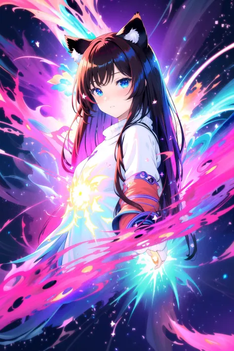 (masterpiece, best quality, highres), anime art style, pixiv, 1girl, solo,
supernova, abstract, abstract background, (bloom, swirling lights, light particles),
fire, galaxy, floating, romanticized, blush, looking at viewer,
dark red hair, blue eyes, straight hair, cat ears,
medium breasts, mature female, white sweater,