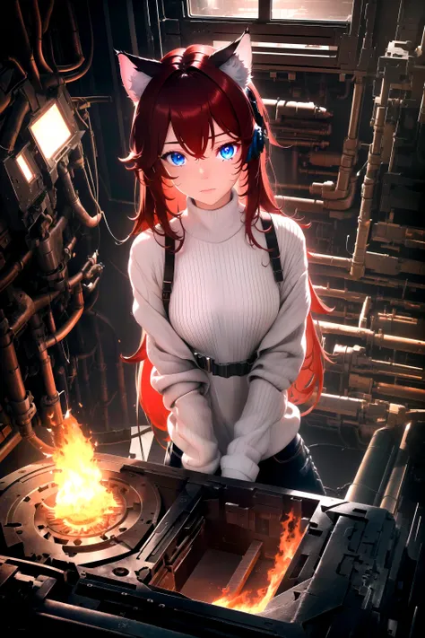 (masterpiece, best quality, highres), 1girl, raifu, solo, close-up, from above, fire,
indoors, dark, rim lighting, science fiction, machinery, gears, electricity, industrial,
BREAK
dark red hair, blue eyes, straight hair, cat ears, emotional,
(medium breasts:0.8), mature female, white sweater,