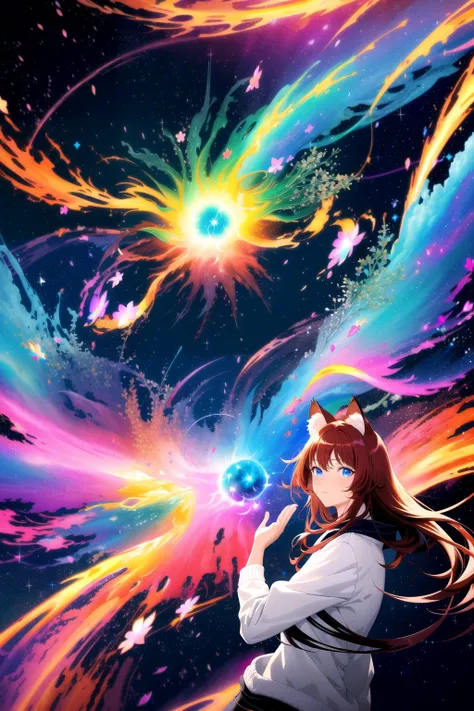 (masterpiece, best quality, highres), anime art style, pixiv, 1girl, solo,
supernova, abstract, abstract background, (bloom, swirling lights, light particles),
fire, galaxy, floating, romanticized, blush, looking at viewer,
dark red hair, blue eyes, straight hair, cat ears,
medium breasts, mature female, white sweater,