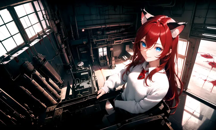 (masterpiece, best quality, highres), 1girl, raifu, solo, mad scientist, close-up, from above,
BREAK
backrooms, horror \(theme\), indoors, dark, rim lighting, blood,
science fiction, machinery, gears, electricity, industrial,
BREAK
dark red hair, blue eyes, straight hair, cat ears, crazy smile,
(medium breasts:0.8), mature female, white sweater,