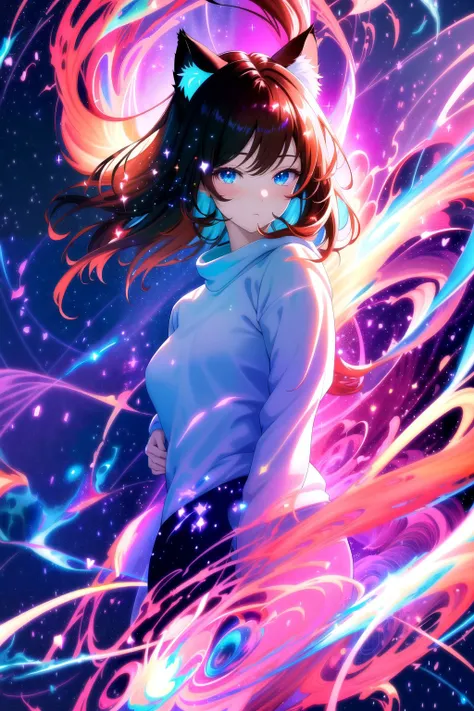 (masterpiece, best quality, highres), anime art style, pixiv, 1girl, solo,
supernova, abstract, abstract background, (bloom, swirling lights, light particles),
fire, galaxy, floating, romanticized, blush, looking at viewer,
dark red hair, blue eyes, straight hair, cat ears,
medium breasts, mature female, white sweater,
