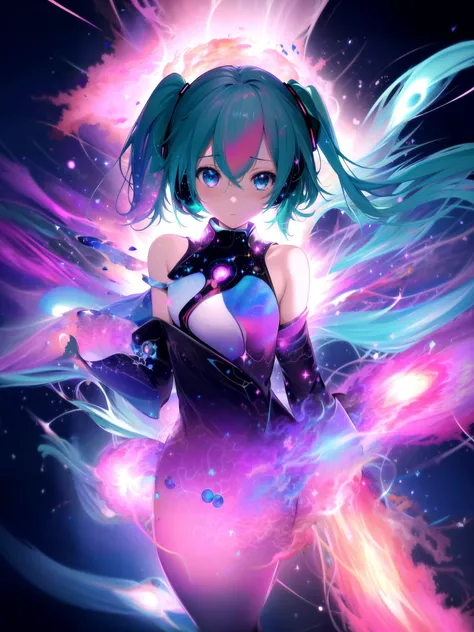(masterpiece, best quality, highres), anime art style, pixiv, 1girl, solo,
supernova, abstract, abstract background, (bloom, swirling lights, light particles),
fire, galaxy, floating, romanticized, blush, looking at viewer,
hatsune miku, medium breasts, mature female,