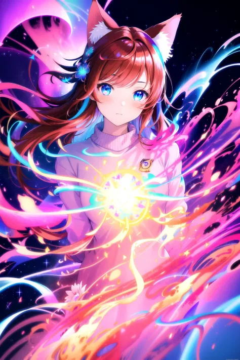 (masterpiece, best quality, highres), anime art style, pixiv, 1girl, solo,
supernova, abstract, abstract background, (bloom, swirling lights, light particles),
fire, galaxy, floating, romanticized, blush, looking at viewer,
dark red hair, blue eyes, straight hair, cat ears,
medium breasts, mature female, white sweater,