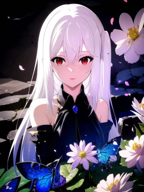 masterpiece, best quality, highres, 1girl, solo, abstract, pov,
BREAK
dark background, depth of field, rim lighting, flowers, petals,
crystals, cave, butterfly, vegetation, aura, magic,
BREAK
Ninym Ralei, red eyes, white hair, looking at viewer, <lora:Ninym Ralei:0.6>