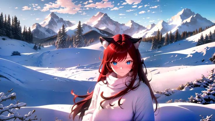 (masterpiece, best quality, highres), scenery, snow, mountainous horizon,
BREAK
1girl, solo, raifu, dark red hair, blue eyes, straight hair, cat ears, blush, praying,
(medium breasts:0.8), mature female, white sweater, emotional,