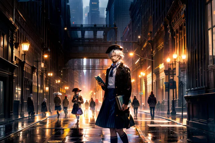 (magic:1.5), (magic powers:1.5), akashic records, (arcane magic:1.3), magic tools, library, magic artifacts, magic books,
((3 girls and 2 boys):1.3),
A tightly-knit group with diverse personalities, showcasing camaraderie and friendship.
( (one girl has red hair with a white uniform dress):1.1),
The red-haired girl exudes an aura of confidence. Her white uniform dress is adorned with subtle magical symbols, hinting at her proficiency in mystical arts.
((one girl is blond wearing a light blue skirt), (one girl has black hair with a book in hand and wears a purple dress and knee high white socks):1.1),
The blond girl radiates a gentle charm in her light blue skirt, while the black-haired companion carries a book filled with ancient spells. Their contrasting styles symbolize the diversity of magical talents.
((one of the boys is a middle aged muscular male professor with dark brown skin tone, grey hair, and a beard wearing a brown jacket, dark skin, beret hat):1.1),
The middle-aged professor stands as a pillar of wisdom and strength, His brown jacket is adorned with magical insignias, reflecting his years of experience in teaching the arcane arts. He wears a gardener's hat with a flower in it and a towel around his neck.
((one boy is a student with white hair and glasses):1.2), (magic academy:1.3),
The student boy with white hair and glasses possesses an inquisitive gaze, signifying his eagerness to learn and unravel the mysteries of magic.
masterpiece, portrait,
The composition should be a captivating portrait, showcasing the characters' personalities and magical prowess in a full-body shot.
full body shot,
<lora:add_detail:0.5> <lora:DW-000008:0.1> <lora:LAS:0.4> <lora:hairdetailer:0.4> <lora:more_details:0.4> <lora:JZCG022-Citywalker:0.4> JZCG022 <lora:fstyle03-000005:0.6>
