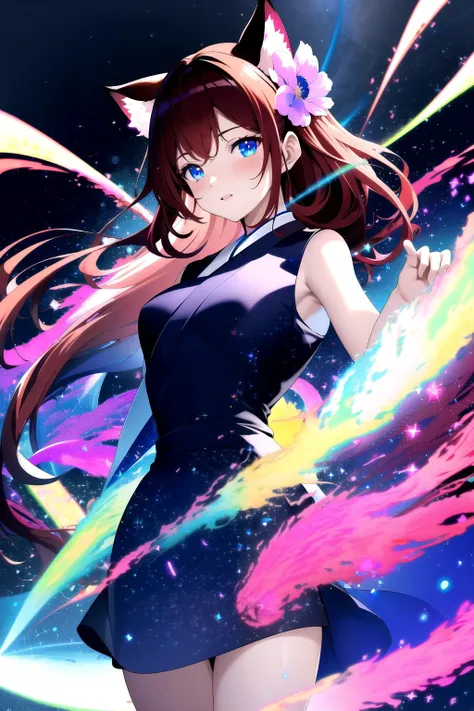 (masterpiece, best quality, highres), anime art style, pixiv, 1girl, solo,
supernova, abstract, abstract background, (bloom, swirling lights, light particles),
fire, galaxy, floating, romanticized, blush, looking at viewer,
dark red hair, blue eyes, straight hair, cat ears,
medium breasts, mature female, white japanese dress,