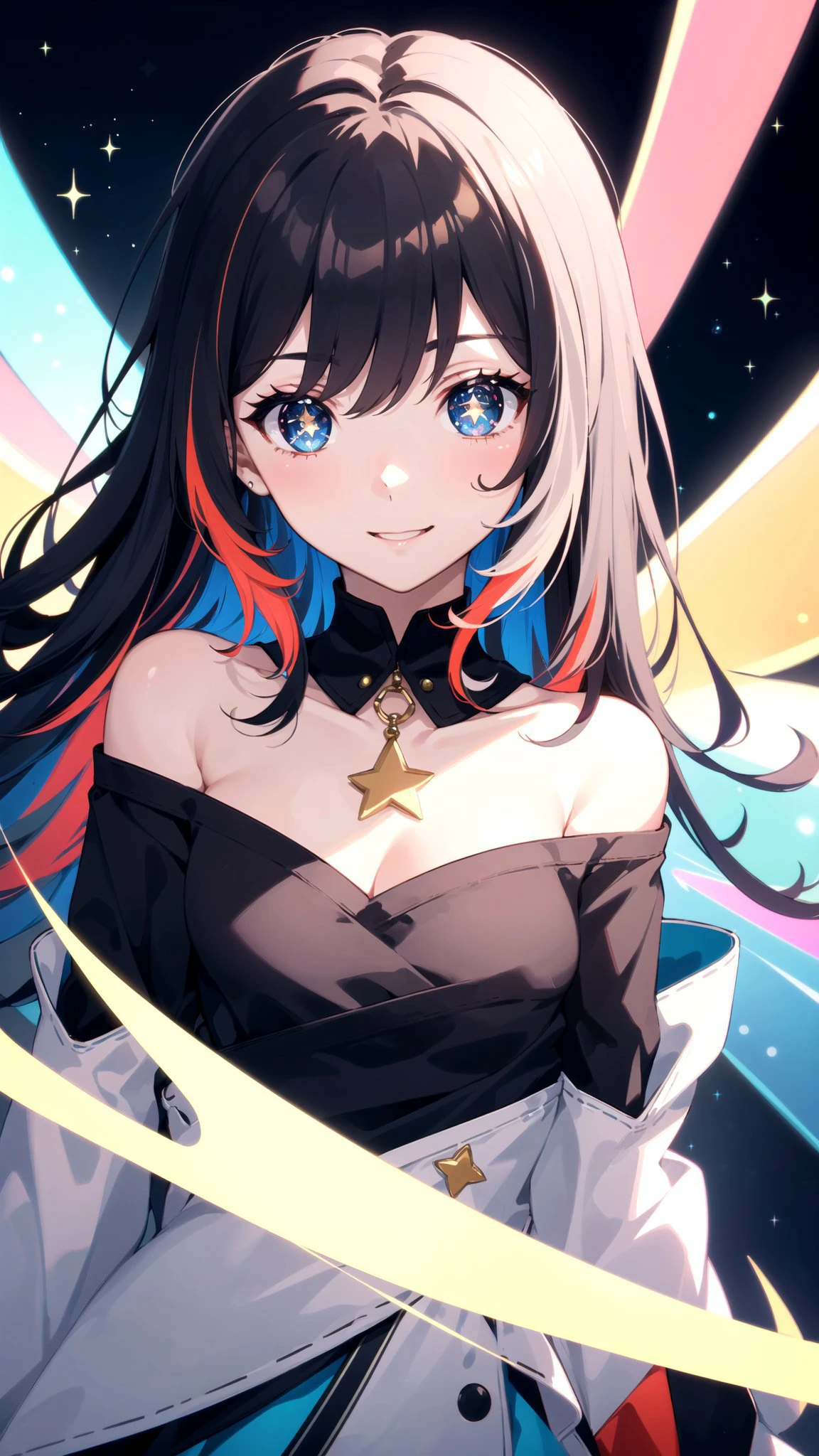(masterpiece, best quality), ((1girl, (mature female), multicolored hair, long hair), (star-shaped pupils, +_+, symbol-shaped pupils, sparkling eyes)), (multicolored background, looking at viewer, light smile, off shoulder, upper body, chromatic aberration, scenery),