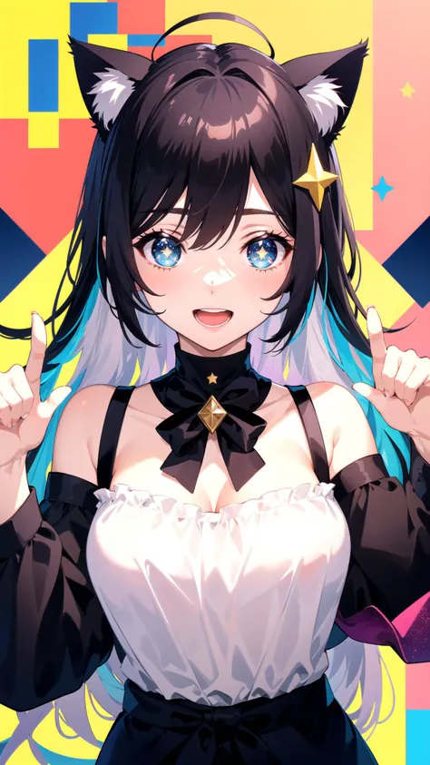 (masterpiece, best quality), ((1girl, (mature female) long hair), (star-shaped pupils,  +_+, symbol-shaped pupils, sparkling eyes), (cat ears, open open mouth)), (looking at viewer, light smile, off shoulder), (abstract, multicolored background, abstract background, chromatic aberration),