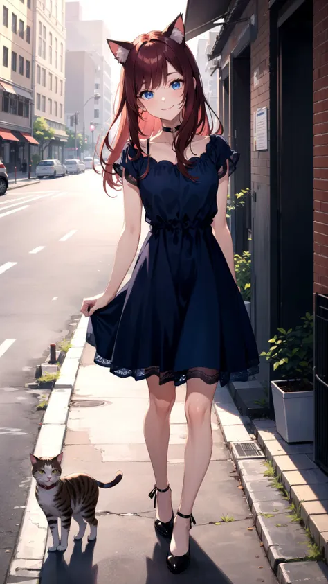 Anime girl in a blue dress walking with a cat on a sidewalk - SeaArt AI