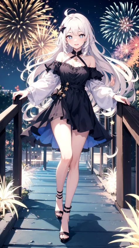 (masterpiece, best quality), ((1girl, (mature female) long hair), (star-shaped pupils, +_+, symbol-shaped pupils, sparkling eyes)), (looking at viewer, light smile, off shoulder), (walkway, fireworks, chromatic aberration),