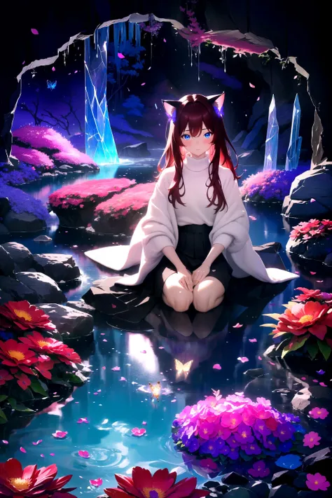 (masterpiece, best quality, highres), 1girl, raifu, solo, abstract, pov, seiza,
BREAK
dark background, depth of field, rim lighting, flowers, petals,
crystals, cave, butterfly, vegetation, aura, magic, water,
BREAK
dark red hair, blue eyes, straight hair, cat ears, blush,
(medium breasts:0.8), mature female, white sweater,