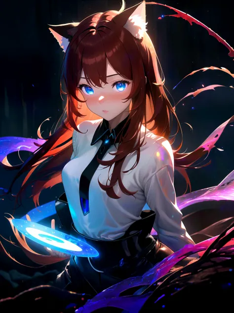 masterpiece, best quality, highres, 1girl, solo,
bioluminescence, depth of field, rim lighting, scenery,
magic, mage, fire, magma, elemental, swirling soul lights,
raifu, dark red hair, blue eyes, straight hair, cat ears, blush,
(medium breasts:0.9), mature female, white sweater,