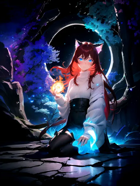 masterpiece, best quality, highres, 1girl, solo, seiza,
bioluminescence, depth of field, rim lighting, scenery,
magic, mage, fire, magma, elemental, swirling soul lights,
raifu, dark red hair, blue eyes, straight hair, cat ears, blush,
(medium breasts:0.9), mature female, (white sweater:1.0275),