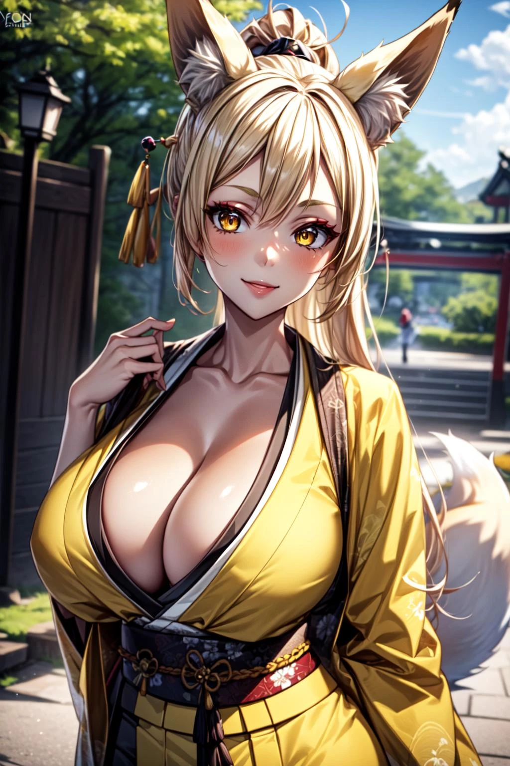 best quality, masterpiece, 1girl, raytracing, ultra detailed,detailed face, 8k wallpaper, (wide hips:1.2), <lora:more_details:0.5>, Yasaka_NDV, 1girl, blonde hair, large breasts, long hair, ponytail, fox ears, fox tails, yellow eyes, japenese clothes, cleavage, yellow kimono, makeup, outdoor, smile, dynamic, <lora:Yasaka_NDV:0.7>