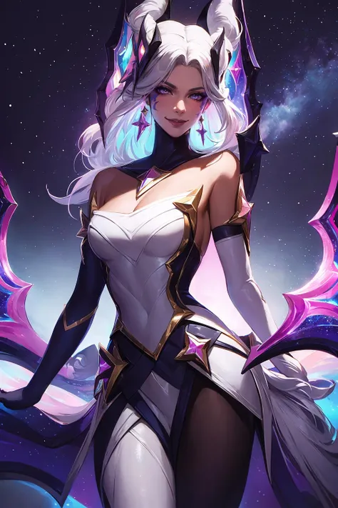 (solo, 1girl), (absurdres, ,highres, official wallpaper, poster), (masterpiece, best quality:1.2), (illustration, realistic), (perfect details, highest detailed, extreme detailed), dramatic light, <lora:starnemesismorgana:1>, starnemesismorgana, ((pantyhose), elbow gloves, hair ornament, star guardian \(league of legends\), facial mark, neck ribbon, star \(symbol\), white hair), (skirt, dress), (evil smile, standing), (starry sky)