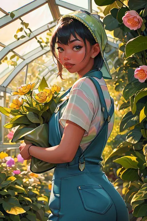 DEN_princessisi_OF,
(in a giant glass green house filled with exotic flowers and plants wearing overalls and a bandana walking through the flowers, arboretum, green house, glass, plants, flowers:1.2),
bokeh, f1.4, 40mm, photorealistic, raw, 8k, textured skin, skin pores, intricate details <lora:epi_noiseoffset2:1>, epiCRealism <lora:ClothingAdjuster3:-1>