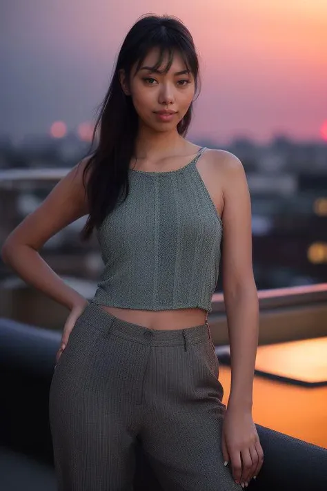 DEN_princessisi_OF,
((cityscape:1.2) scene posing on the (rooftops:1.2) at (sunset:1.2) wearing clothes, wearing trousers and a top, (plain top:1.2), (top:1.2), (trousers:1.2), (cityscape:1.2), (night time sunset sky:1.3), (dark:1.1), (evening:1.2), vibrant sky colours:1.2),
bokeh, f1.4, 40mm, photorealistic, raw, 8k, textured skin, skin pores, intricate details <lora:epi_noiseoffset2:1>, epiCRealism <lora:ClothingAdjuster3:-1>