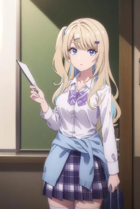 lunashirakawa, <lyco:lunashirakawa-lyco-nochekaiser:0.8>,
luna shirakawa, long hair, blue eyes, blonde hair, hair ornament, bow, multicolored hair, hairclip,
BREAK skirt, shirt, thighhighs, bow, school uniform, white shirt, pleated skirt, shoes, black thighhighs, bowtie, blue skirt, plaid, plaid skirt, loafers, purple bow, clothes around waist, gyaru, purple bowtie,
BREAK looking at viewer,
BREAK indoors, classroom, (cowboy shot:1.5),
BREAK <lyco:GoodHands-beta2:1>, (masterpiece:1.2), best quality, high resolution, unity 8k wallpaper, (illustration:0.8), (beautiful detailed eyes:1.6), extremely detailed face, perfect lighting, extremely detailed CG, (perfect hands, perfect anatomy),