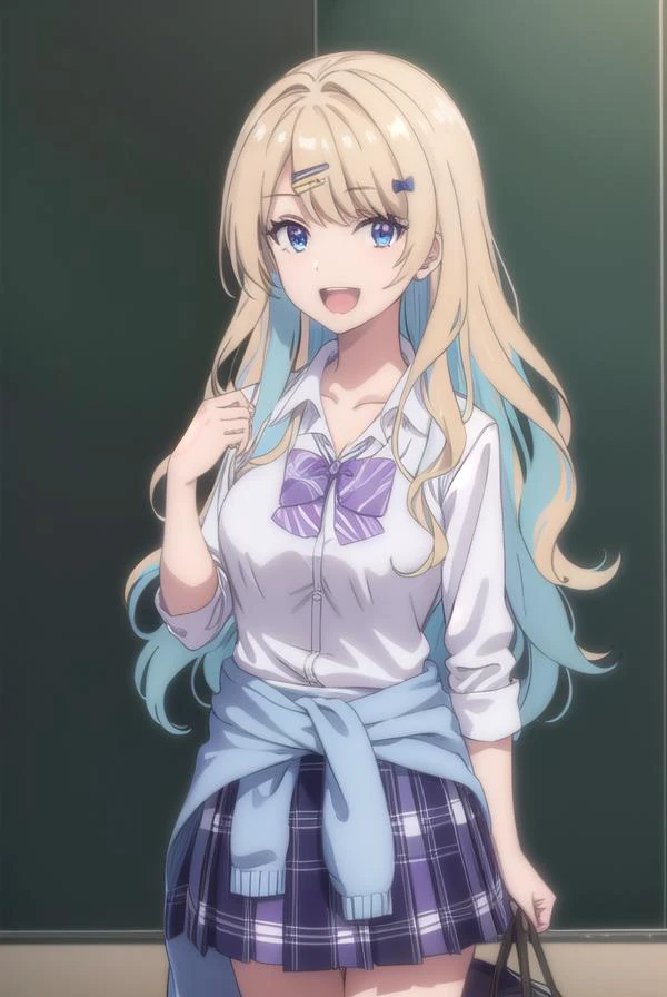 lunashirakawa, <lyco:lunashirakawa-lyco-nochekaiser:0.8>,
luna shirakawa, long hair, blue eyes, blonde hair, hair ornament, bow, multicolored hair, hairclip, <lora:talkmouth_A_v100:1>, open mouth, smile,
BREAK skirt, shirt, thighhighs, bow, school uniform, white shirt, pleated skirt, shoes, black thighhighs, bowtie, blue skirt, plaid, plaid skirt, loafers, purple bow, clothes around waist, gyaru, purple bowtie,
BREAK looking at viewer,
BREAK indoors, classroom, (cowboy shot:1.5),
BREAK <lyco:GoodHands-beta2:1>, (masterpiece:1.2), best quality, high resolution, unity 8k wallpaper, (illustration:0.8), (beautiful detailed eyes:1.6), extremely detailed face, perfect lighting, extremely detailed CG, (perfect hands, perfect anatomy),