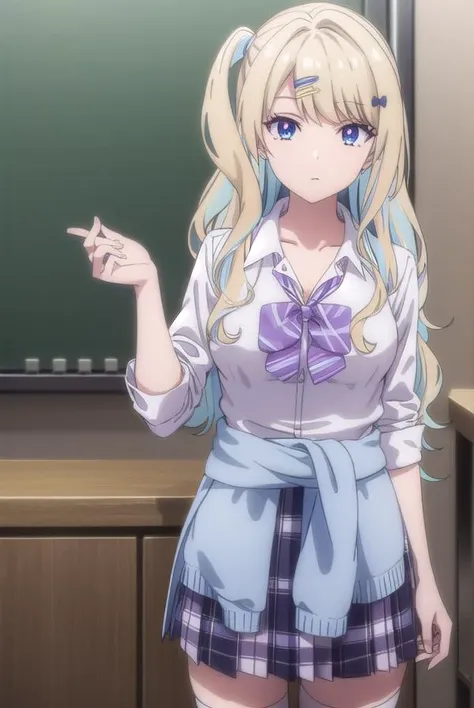 lunashirakawa, <lyco:lunashirakawa-lyco-nochekaiser:0.8>,
luna shirakawa, long hair, blue eyes, blonde hair, hair ornament, bow, multicolored hair, hairclip,
BREAK skirt, shirt, thighhighs, bow, school uniform, white shirt, pleated skirt, shoes, black thighhighs, bowtie, blue skirt, plaid, plaid skirt, loafers, purple bow, clothes around waist, gyaru, purple bowtie,
BREAK looking at viewer,
BREAK indoors, classroom, (cowboy shot:1.5),
BREAK <lyco:GoodHands-beta2:1>, (masterpiece:1.2), best quality, high resolution, unity 8k wallpaper, (illustration:0.8), (beautiful detailed eyes:1.6), extremely detailed face, perfect lighting, extremely detailed CG, (perfect hands, perfect anatomy),