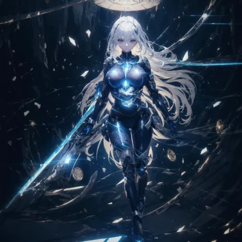 {{masterpiece}}, best quality, extremely detailed CG unity 8k wallpaper, cinematic lighting, lens flare,, ((perfect female figure)), (huge natural breasts, bodysuit), delicate pattern, intricate detail, very long white hair, blue eyes, 1girl, solo, full body, (specular lighting:1.4), soft lighting, cyborg, fantasy, extremely detailed, intricate, hyper detailed, bodysuit, skin suit, <lora:A-Mecha-REN[color_theme,mecha musume, mechanical parts, robot joints,headgear,full armor]:1>